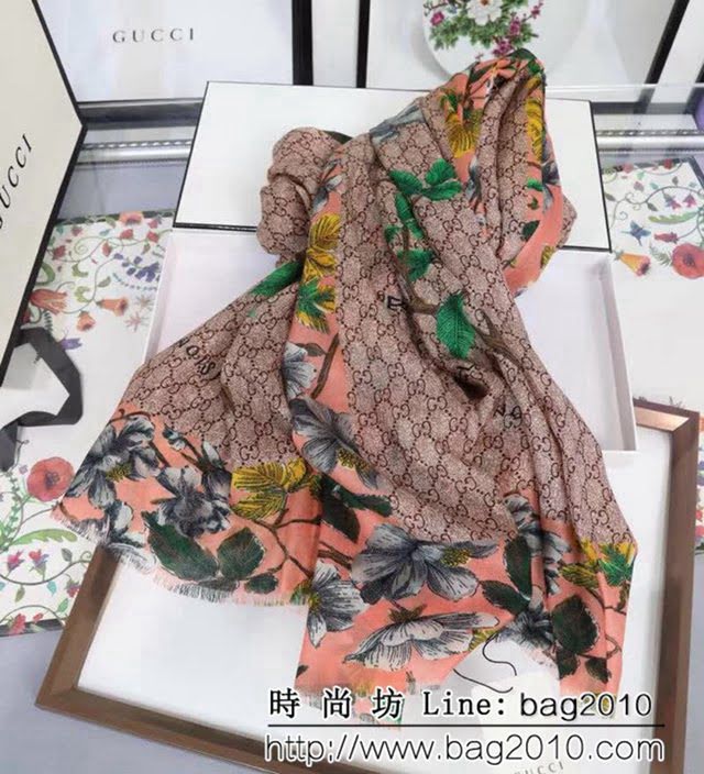 GUCCI古馳海外原版 logo花紋圖案羊絨長圍巾 LLWJ6936